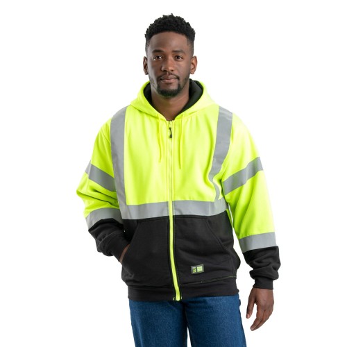 HVF023 Berne Men's Hi-Vis Class 3 Color Block Full-Zip Hooded Sweatshirt